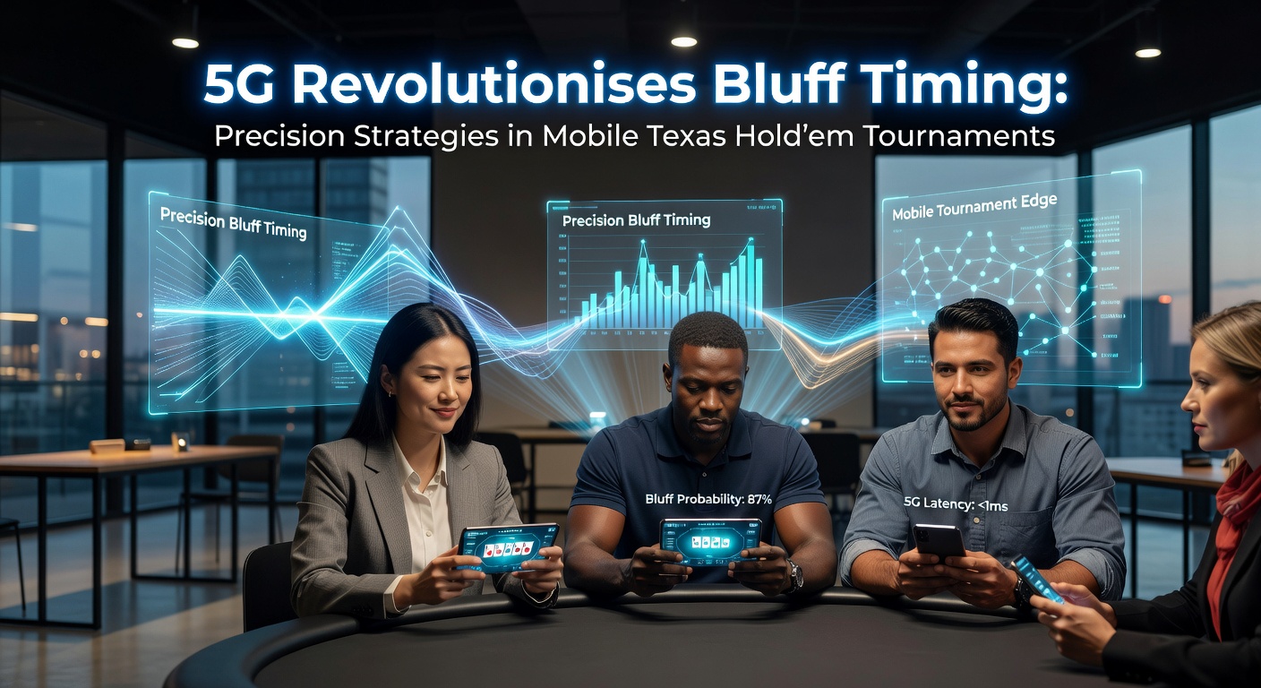 Smartphone mit 5G-Signal zeigt Texas Hold'em-App während eines intensiven Turniers, umgeben von Karten und Chips
