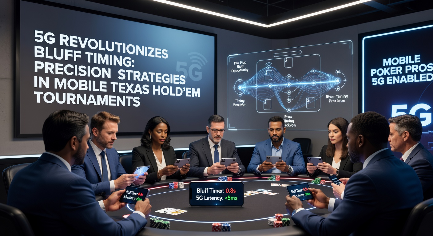 Nahaufnahme eines Spielers mit 5G-Handy, der ein Bluff-Raise in einem Texas Hold'em-Turnier ausführt, mit Netzwerk-Indikator und Timer