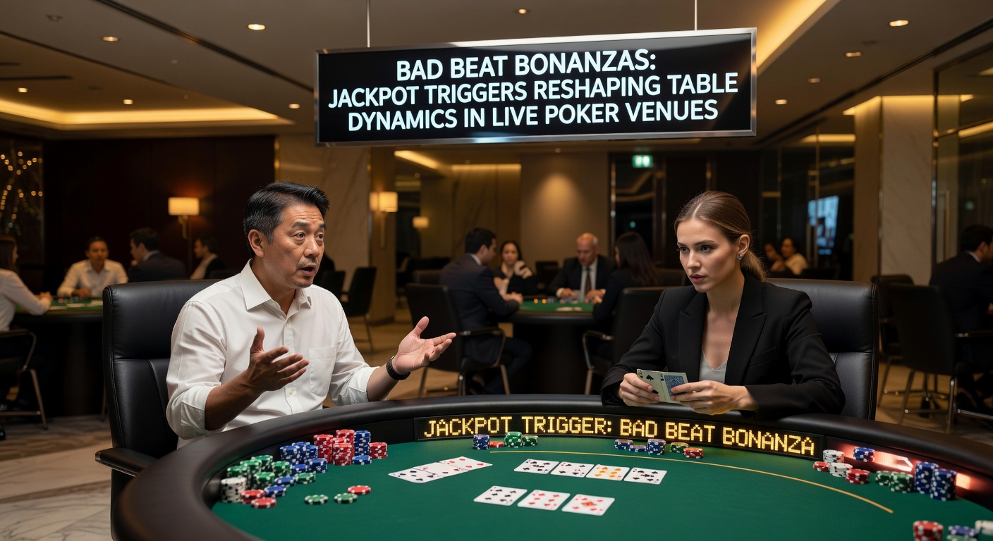 Erregte Poker-Spieler feiern einen Bad Beat Jackpot am Live-Tisch, während der Topf explodiert und Chips in die Höhe fliegen