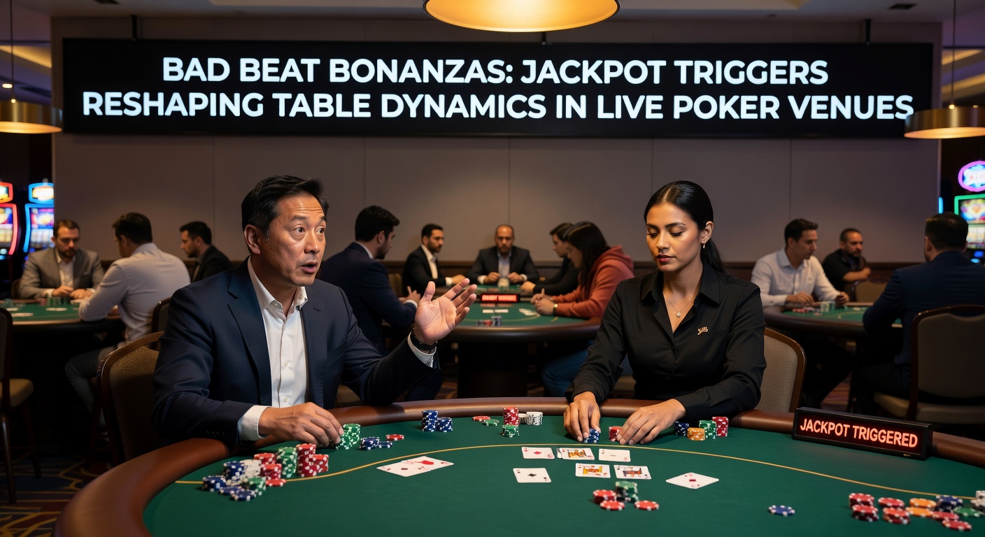 Nahaufnahme eines Bad Beat Triggers: Der Verlierer mit Quad Königen starrt ungläubig auf den Straight Flush des Gegners, Jackpot-Anzeige leuchtet im Hintergrund
