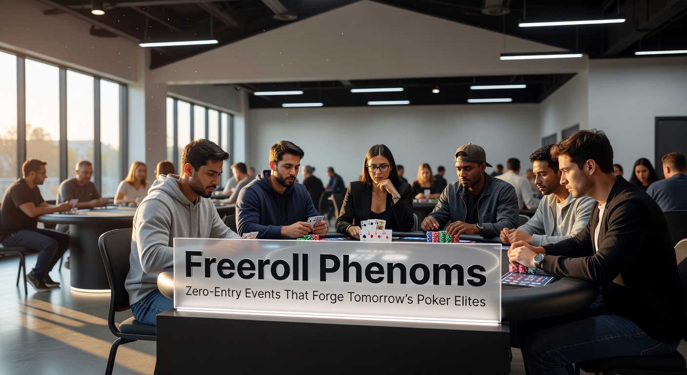 Ein intensives Freeroll-Turnier mit Dutzenden Spielern am Bildschirm, Chips stapeln sich, während die Spannung steigt
