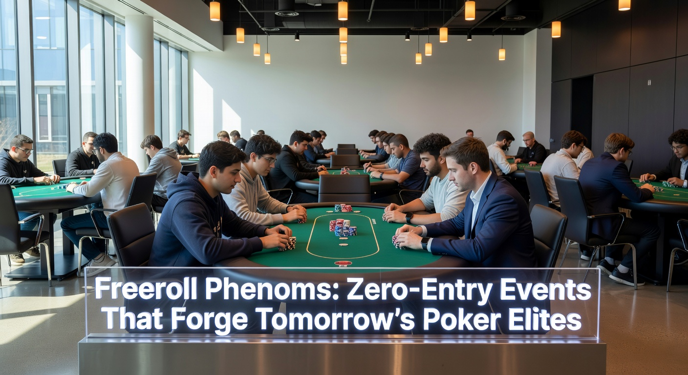 Eine Gruppe junger Poker-Talente feiert einen Freeroll-Sieg, mit Pokal und Schecks in der Hand, im Hintergrund ein volles Turnierfeld
