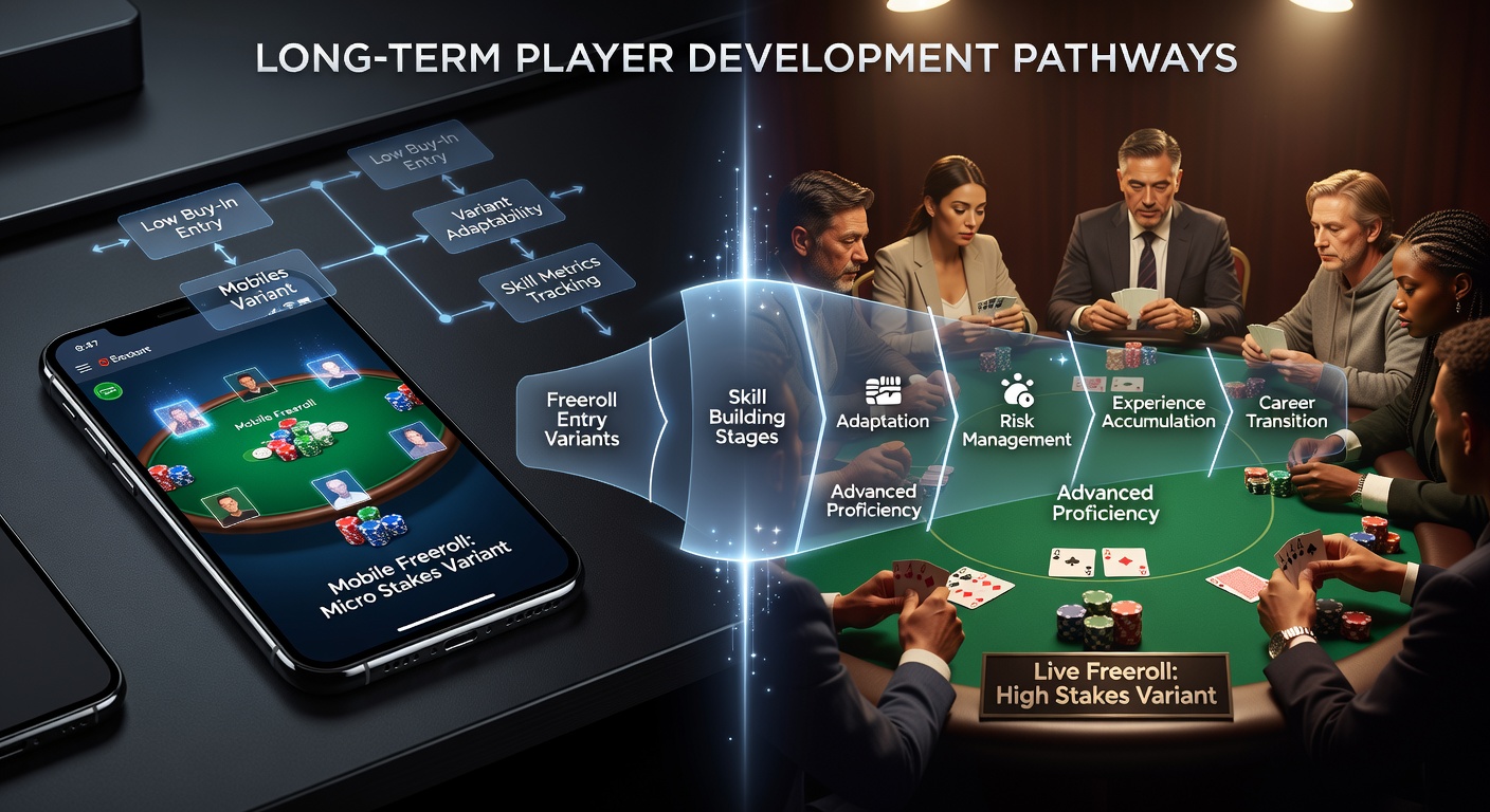 Illustration variantenspezifischer Freeroll-Strukturen in mobilen Poker-Apps und Live-Turnieren mit Fokus auf Spielerentwicklung