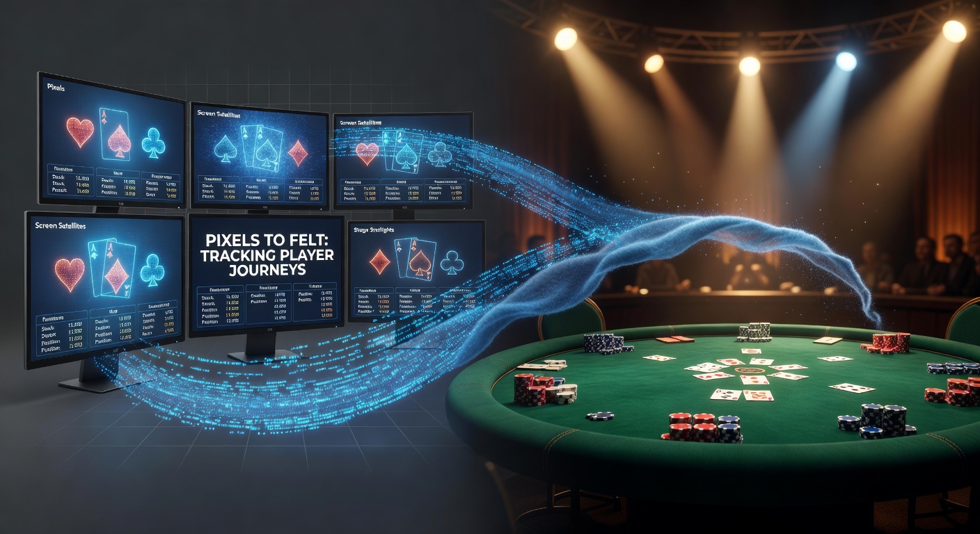 Ein Poker-Spieler wechselt vom Online-Bildschirm zu einem Live-Tisch unter grellen Lichtern einer Arena, symbolisiert durch ein digitales Interface, das in grünes Filz übergeht