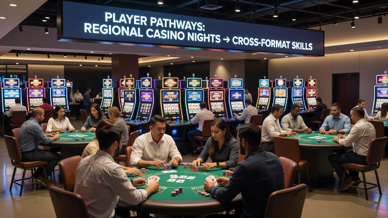 Detailaufnahme eines Poker-Tisches bei einem regionalen Casino-Night-Event mit Karten und Chips