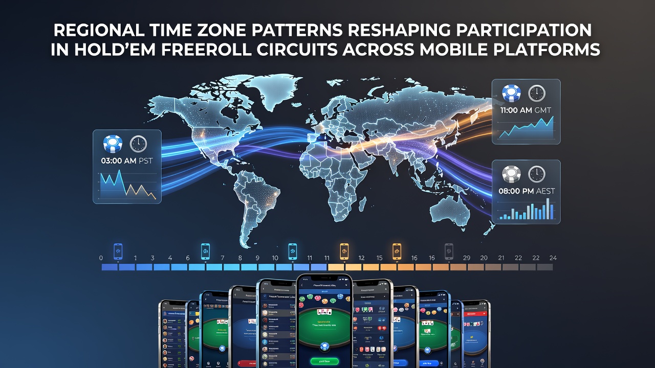 Karte mit Zeitzonen und mobilen Poker-Apps auf Smartphone-Displays