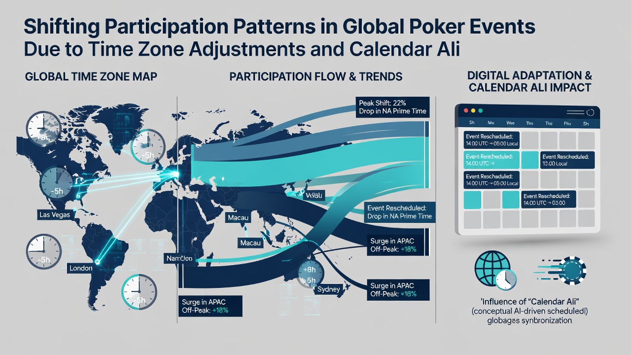 Poker-Spieler an Tischen mit globalen Zeitplänen und Kalenderübersichten